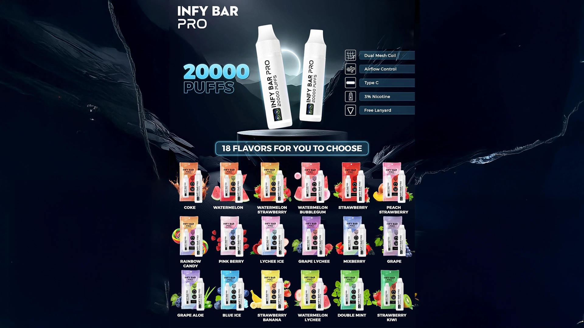INFY BAR PRO 20000 Puffs พอตใช้แล้วทิ้ง จอ LED ปรับรูลม