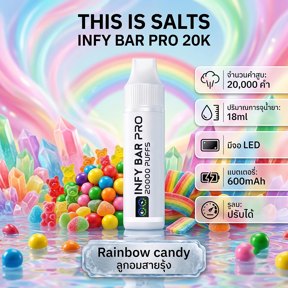 INFY BAR PRO 20000 Puffs จาก THIS IS SALTS เป็นพอตใช้แล้วทิ้งชาร์จได้ที่เน้นใช้งานง่าย กลิ่นชัด และอยู่ได้นาน