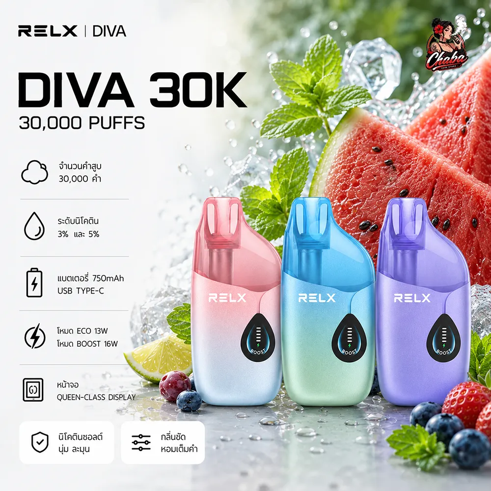 RELX Diva 30K พอตใช้แล้วทิ้ง 30000 คำ โหมด ECO BOOST