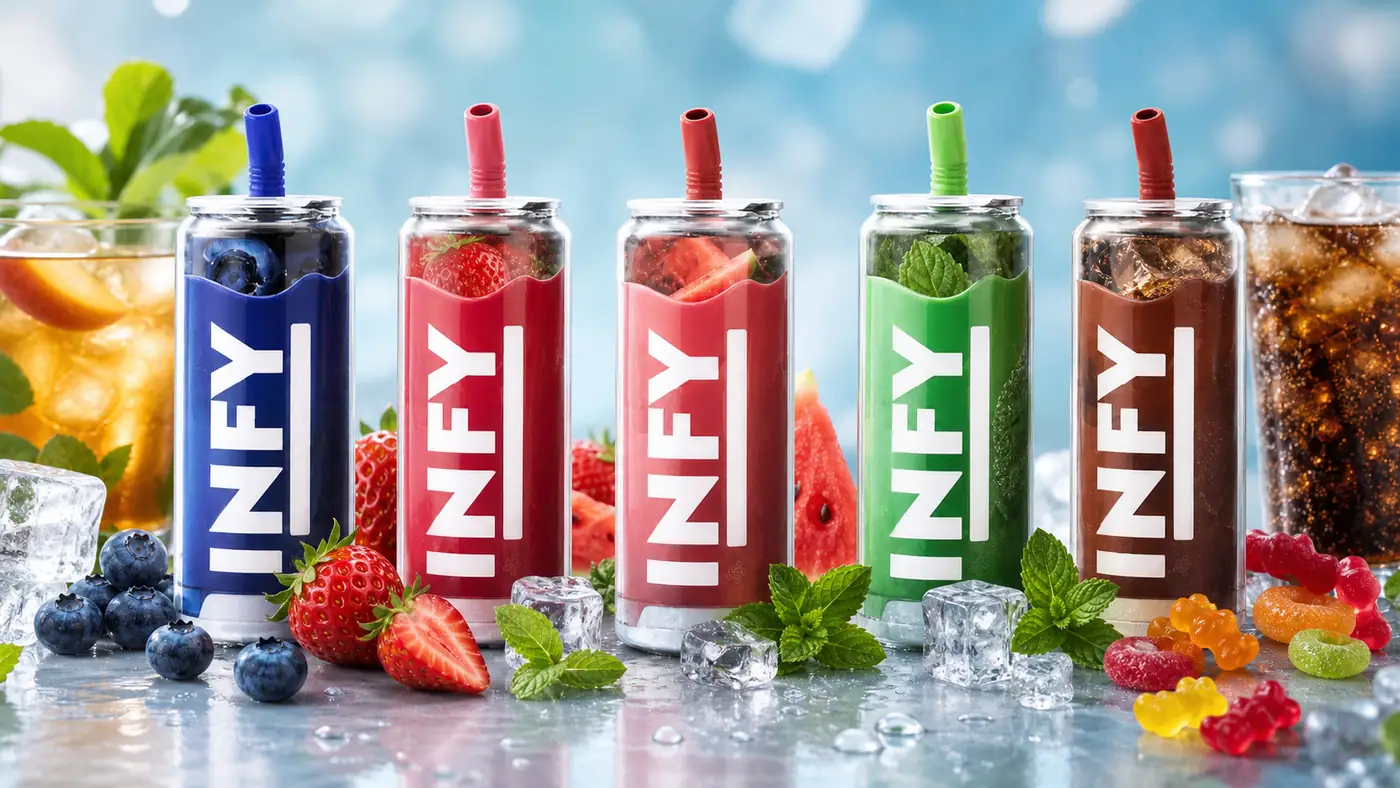 ตัวเลือกกลิ่นของ INFY 12000 Puffs ทั้งผลไม้ เครื่องดื่ม มิ้นต์ ชาและลูกอม